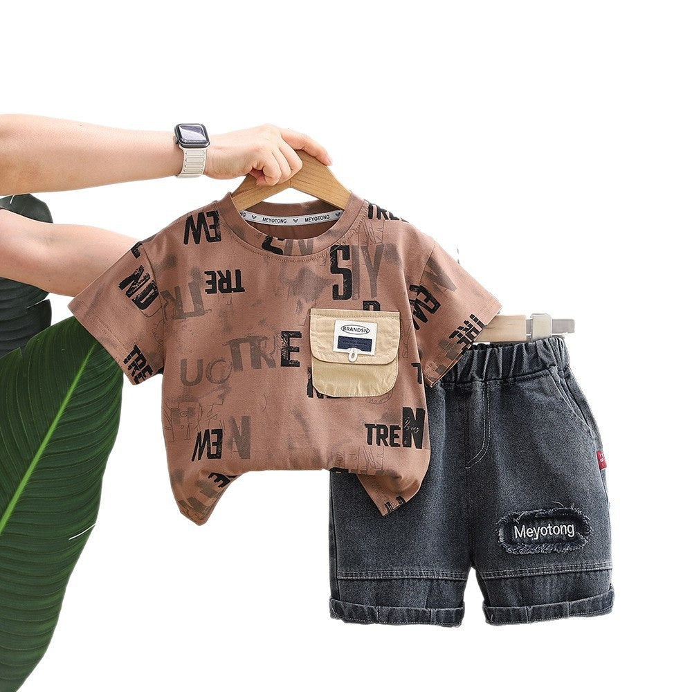 Boys' Outfit 2026 New Short-Sleeve Stylish Toddler Summer Clothes Letter Pocket Round Neck Two-Piece Set Baby Trendy