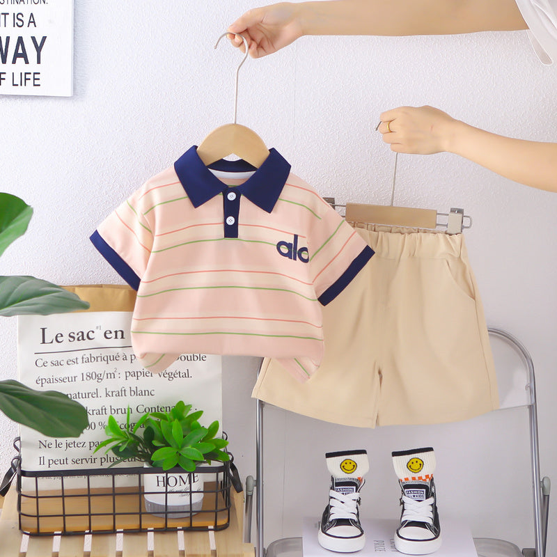 Children's short-sleeve set with striped placket shirt, boys' t-shirt, baby summer clothing, shorts, infant clothes, new trendy style