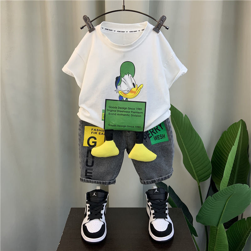 Outfit 2024 New Trendy Boys' Internet Celebrity Streetwear Children's Baby Fashion Brand Short Sleeve Summer Clothes