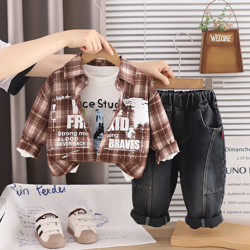Baby Autumn Outfit 2026 New Style Boys' Spring-Autumn Plaid Shirt Three-Piece Set for 1-3 Years Old, Stylish and Trendy Children's Fashion