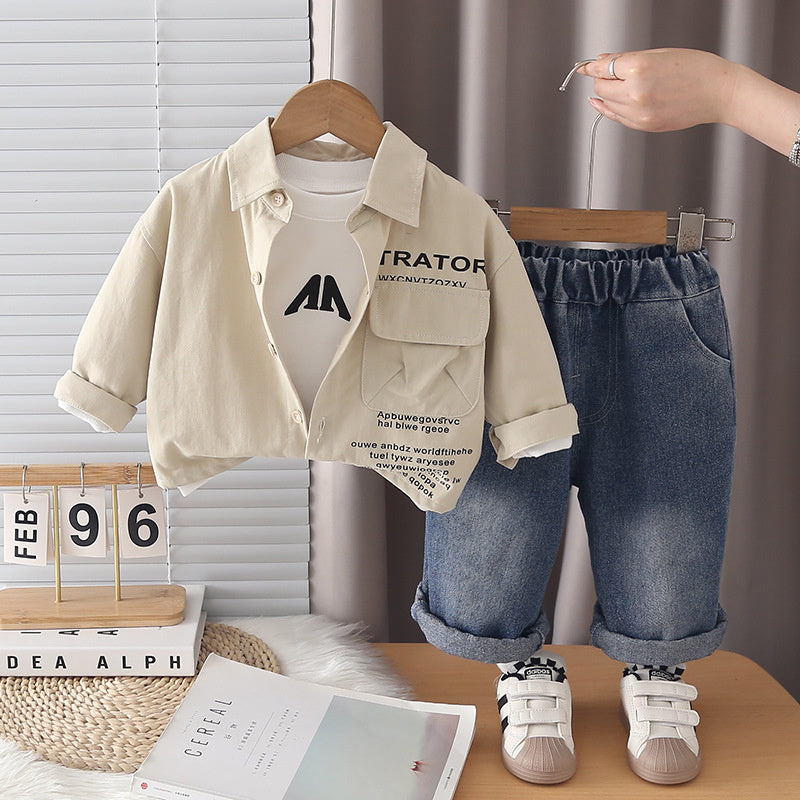Boys' Outfit 2026 New Fashionable Children's Autumn Clothing Baby Korean Style Solid Color Letter Jacket Three-Piece Set Trendy