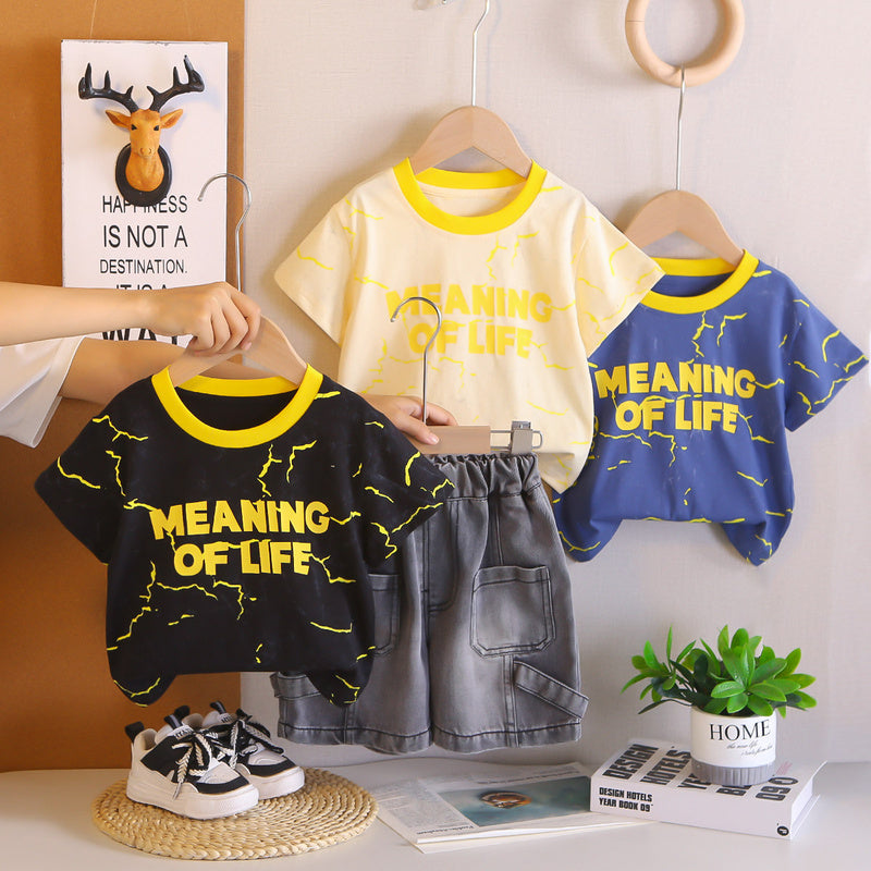 Boys' Outfit 2026 New Style Children's Summer Yellow Collar English Short Sleeve Two-Piece Set for Stylish Little Boys