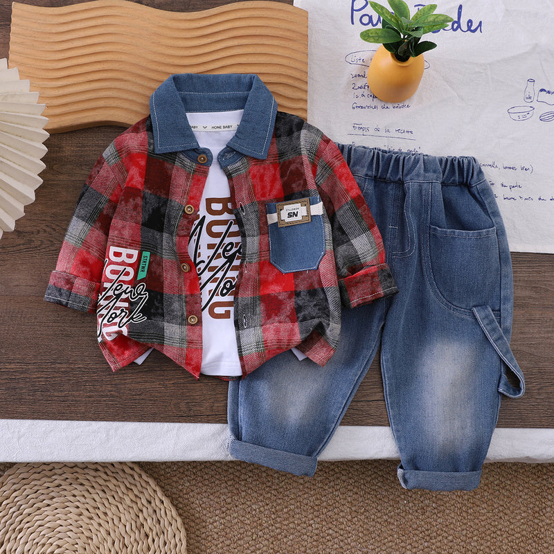 Outfit Set: Baby Plaid Shirt Three-Piece Casual Boys' Clothing Children's Spring and Autumn Set