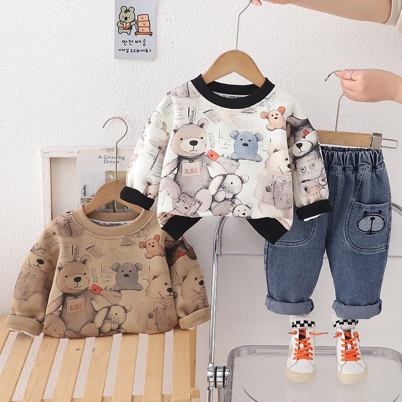 3D Bear Sweatshirt 2025 Spring Autumn Outfit for Toddlers and Young Children Long Sleeve Stylish Baby Clothes Boys Two-Piece Set