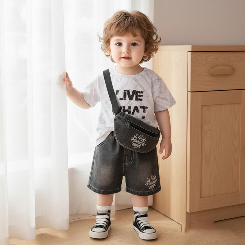 Boys' short-sleeve stylish lightweight children's clothing, cool and handsome baby summer outfit, two-piece set with denim bag