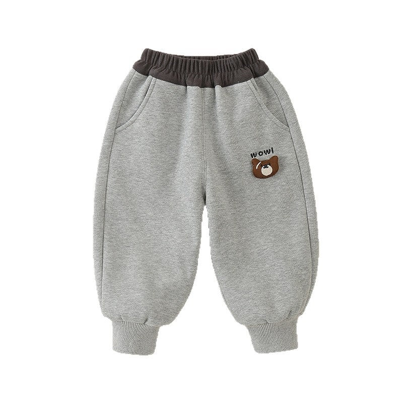 Baby Fleece-Lined Big Mouth Bear Autumn Winter Style Outerwear Boys Toddler Sweatpants Children's Sports Infant Long Pants