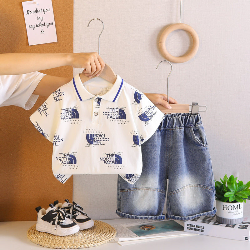 Boys' clothing, children's full-printed turn-down collar short-sleeve set, new stylish two-piece outfit for boys in summer