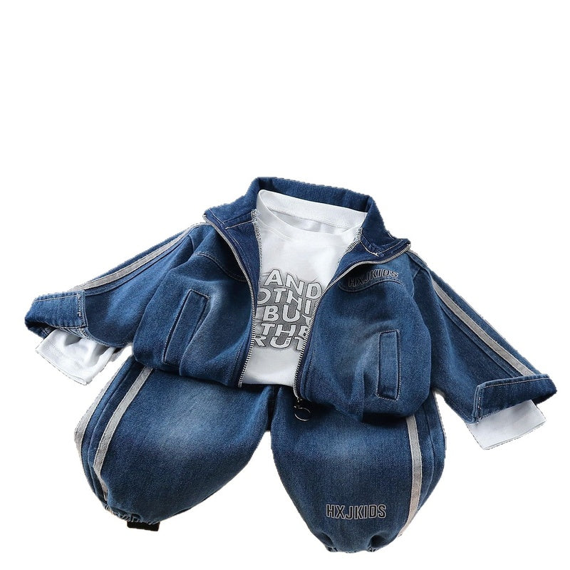 Boys' 2026 New Stylish Baby Fall Outfit with Vertical Stripes on the Shoulders, Denim Three-Piece Set for Children, Spring and Autumn Style