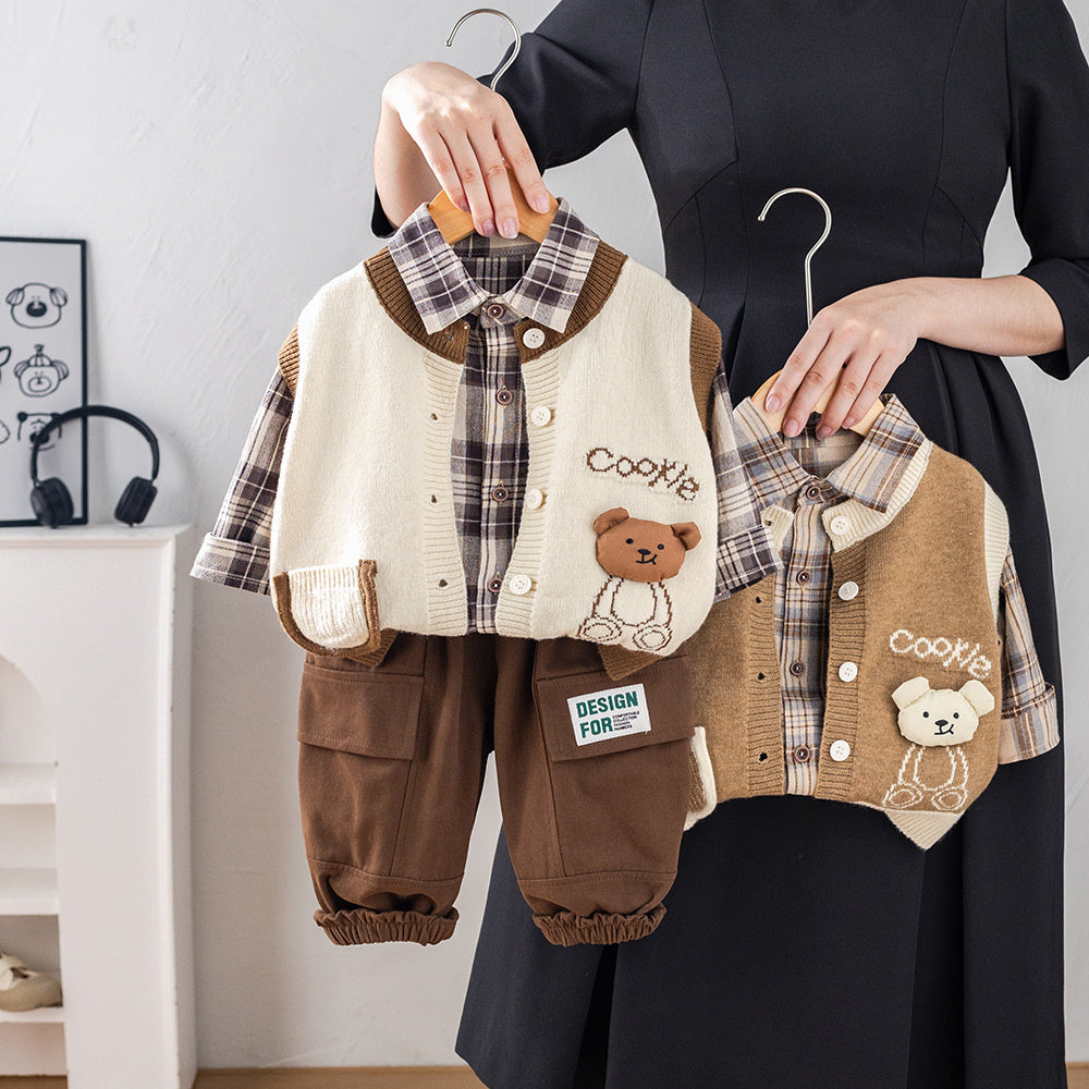 Baby Spring and Autumn 1-3 Years Old Boys Bear Sweater Three-Piece Set Trendy Toddler Korean Style Fashionable Clothes Children's Fashion