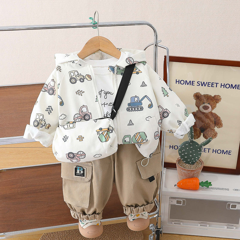 Boys' Spring and Autumn Outfit 2026 New Style Baby Boy Fashionable Cartoon Bag Long Sleeve Three-Piece Set Infant Children's Jacket