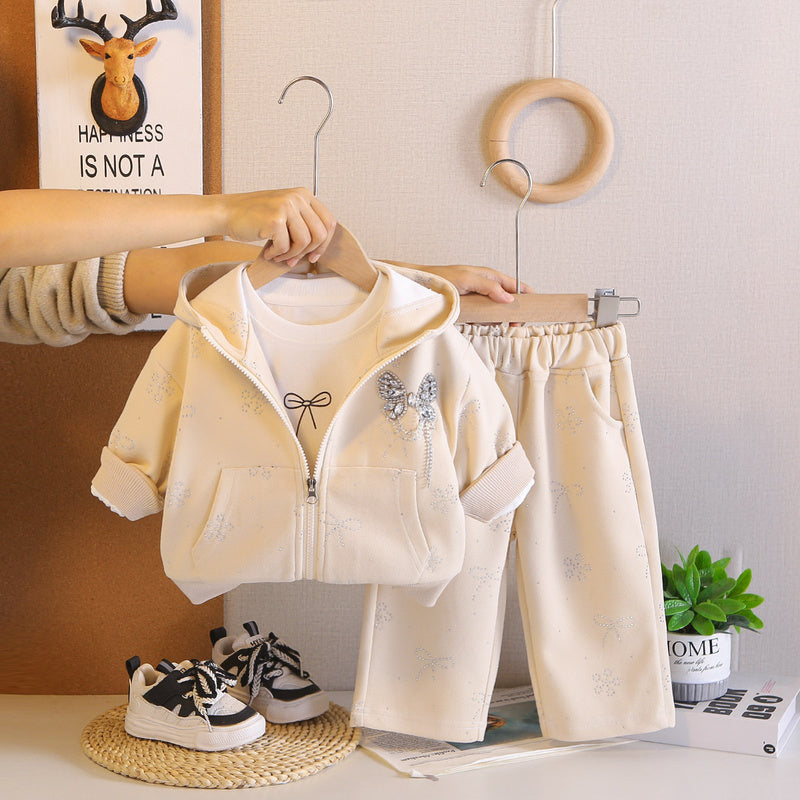 Outfit 2026 New Style Infant Girls' Spring and Autumn Fashionable Long-Sleeve Three-Piece Set with Rhinestones