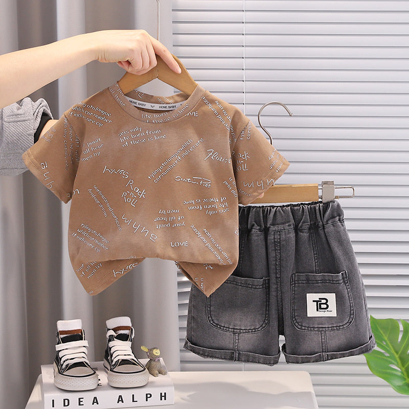 Boys' Summer Outfit 2026 New Fashionable Toddler Stylish Full-Print Small Letter Short-Sleeve Baby Two-Piece Set