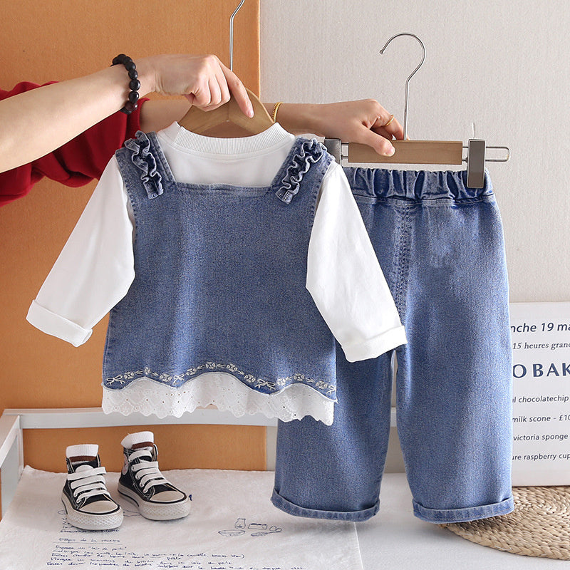 Girls' Spring Outfit Set 2026 New Korean Style Children's Embroidered Hem Vest Three-Piece Princess Baby Girl Clothes
