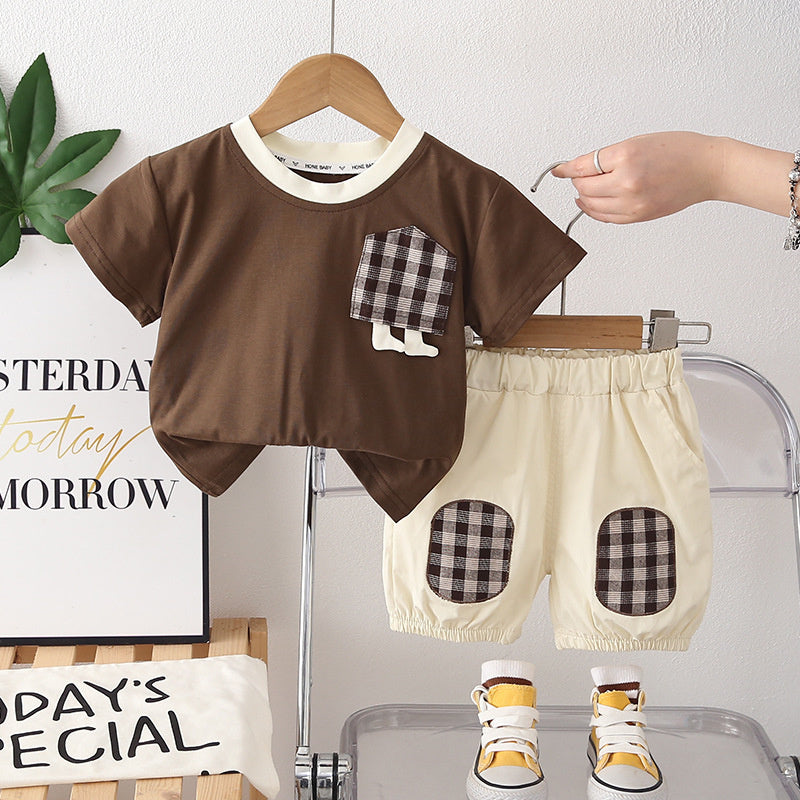Baby Boy Outfit Stylish Children's Clothing for 1-3 Years Old, Summer Plaid Pocket Short Sleeve Two-Piece Set, Trendy