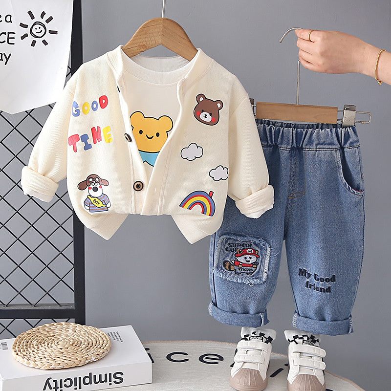 Boys' Outfit 2026 New Fashionable Bear Cardigan Three-Piece Set for Baby Boys Spring and Autumn Infant Children's Clothing