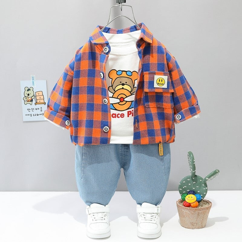 Children's Outerwear Baby Girls Spring and Autumn Outfit 1-4 Years Old Foreign Trade Boys Plaid Shirt Denim Three-Piece Set 2