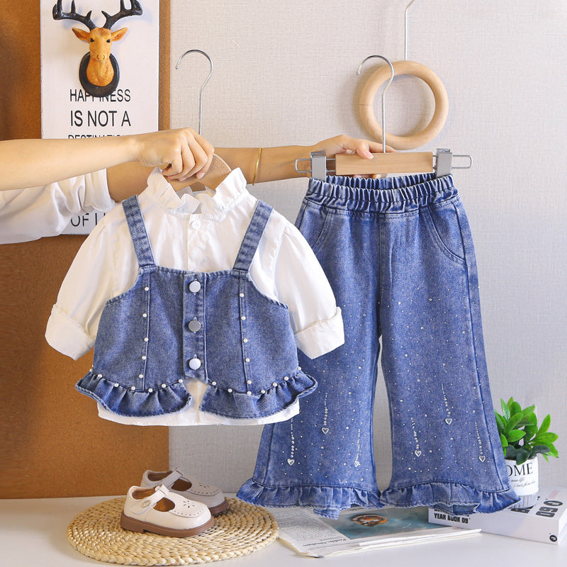 Girls' Spring and Autumn Outfit 2026 New Fashionable Casual Denim Beaded Strap Three-Piece Set for Kids