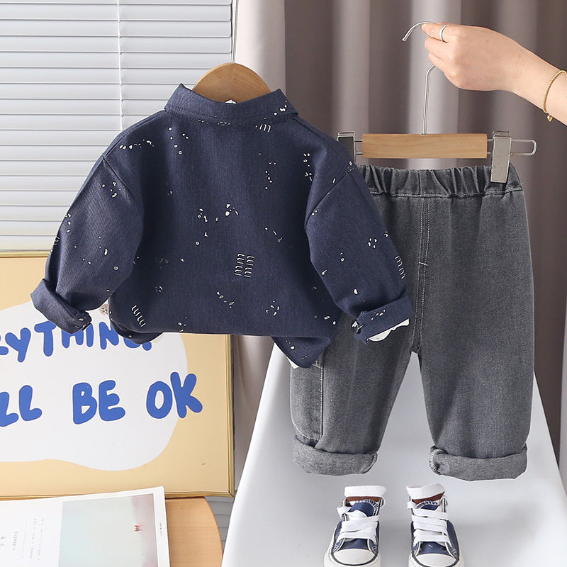 Boys' and Autumn Outfit 2026 New Fashionable Children's Gold-Embossed Casual Three-Piece Set Baby Spring Trendy Jacket