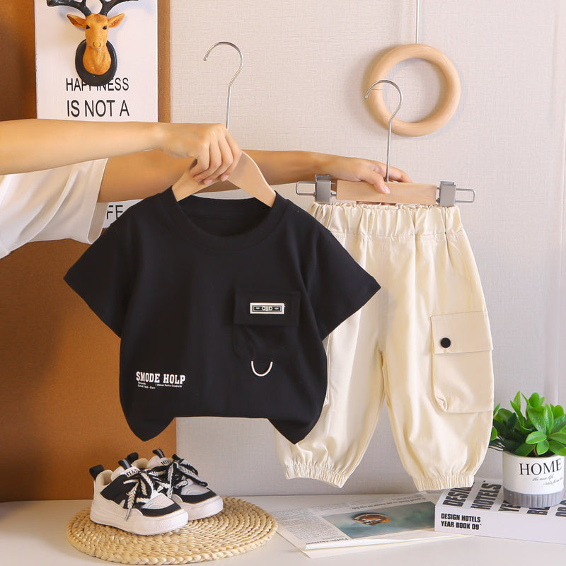 Children's clothing for boys, summer 2026 new style, baby and child pocket logo short-sleeve two-piece set, stylish