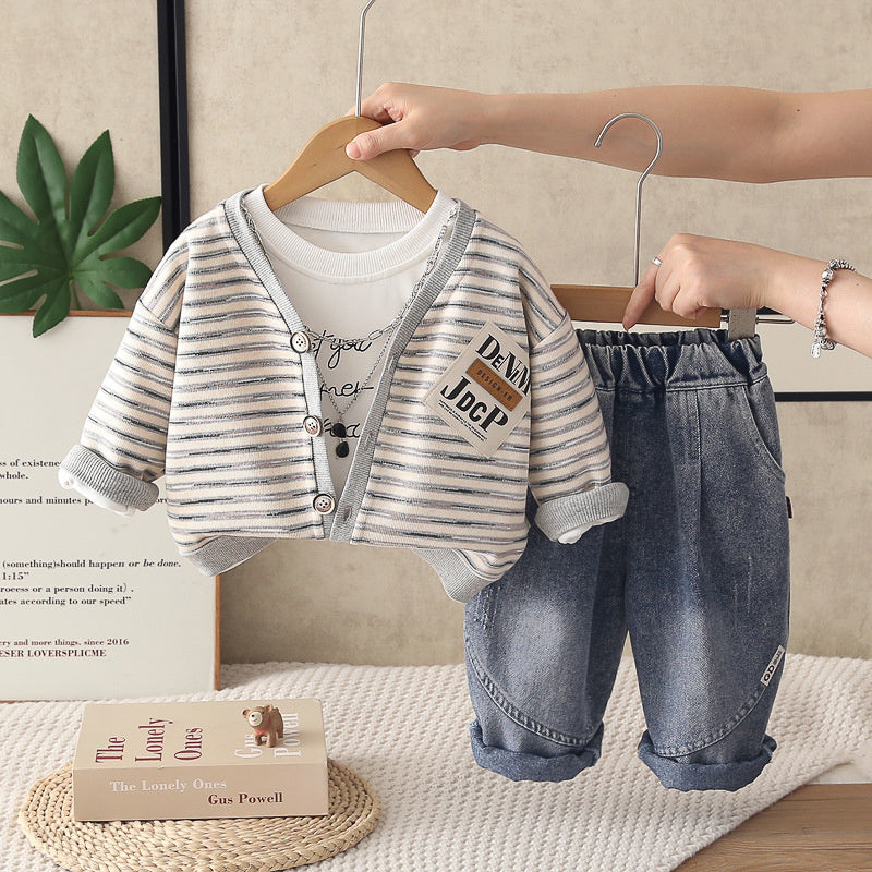 Boys' Outfit 2026 New Fashionable Children's Sunglasses Necklace Striped Three-Piece Set Stylish Baby Korean Style Autumn