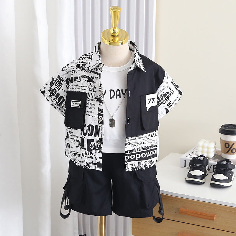 Boys' Summer Short-Sleeve Three-Piece Set 2026 New Fashionable Children's Patchwork Top Shorts Cool and Stylish Baby Korean Version