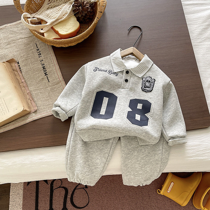 Baby boy's stylish outfit, front-button shirt set, fashionable spring autumn sports sweatshirt two-piece set for infants and children, 2026 new model
