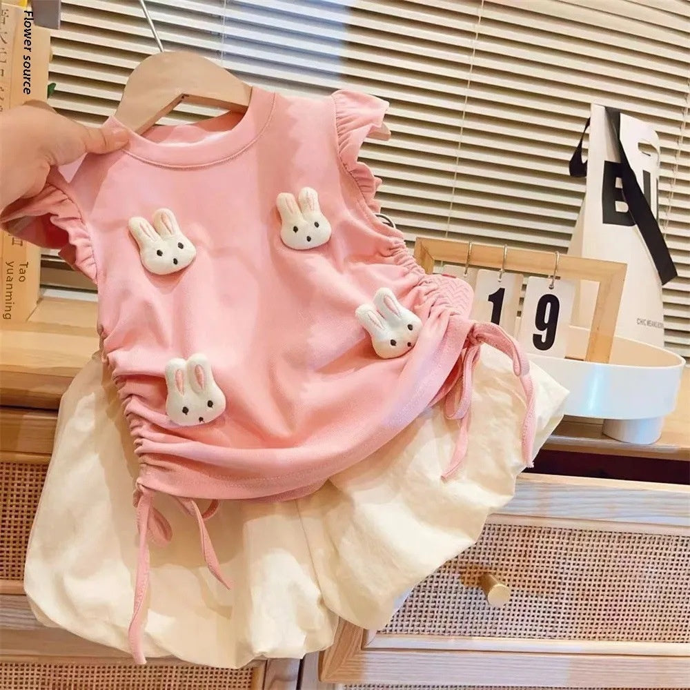 Girls' Outfit 2025 Summer New Style Cute 3D Bunny Flutter Sleeve T-shirt and Short Skirt Two-piece Set for Baby Girls