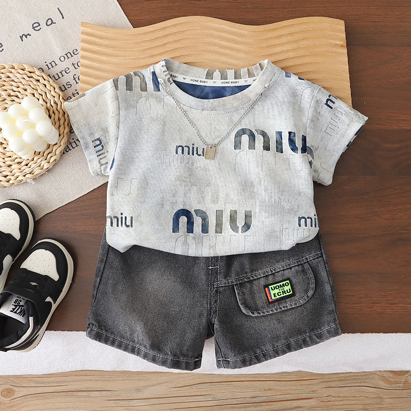 Boys' clothing for ages 1-4, 2-year-old infants' clothing, 3-year-old boy's necklace short-sleeve set, 5-year-old summer two-piece outfit