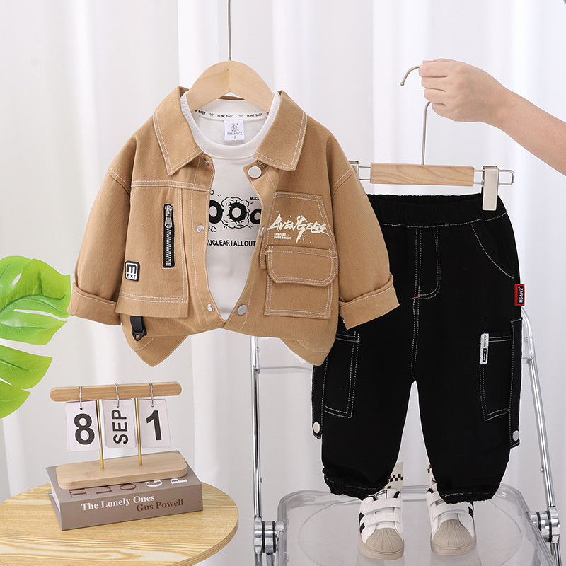 Boys' Outfit 2025 New Baby Spring and Autumn Korean Style Toddler Clothes Children's Casual Pocket Cargo Three-Piece Set