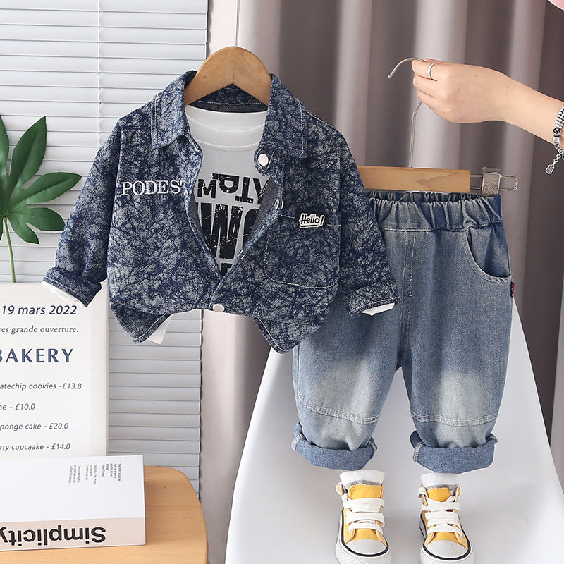 Boys' Outfit 2026 New Style Infant Children's Spring and Autumn Long Sleeve Denim Casual Three-Piece Set Baby Boy Clothes Trendy