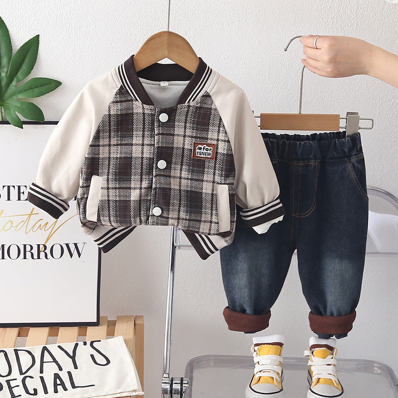 Boys' Outfit 2026 New Fashionable Plaid Double-Layer Jacket Children's Spring and Autumn Stylish Casual Two-Piece Set