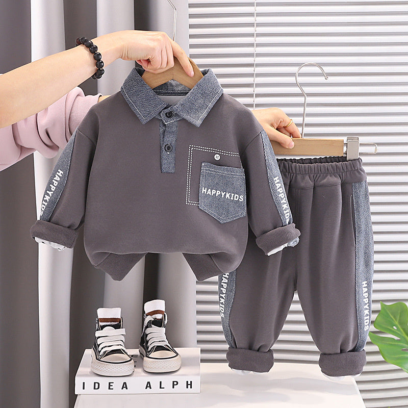 Boys' Suit Spring and Autumn 2026 New Denim Pocket Sweatshirt Toddler Long Sleeve Baby Korean Style Two-Piece Set Trendy