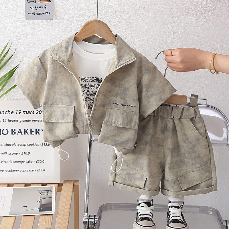 Baby Outfit 2026 New Fashionable Set for Boys, Summer Stand Collar Zipper Shirt Three-Piece Set, Infant and Children's Clothing