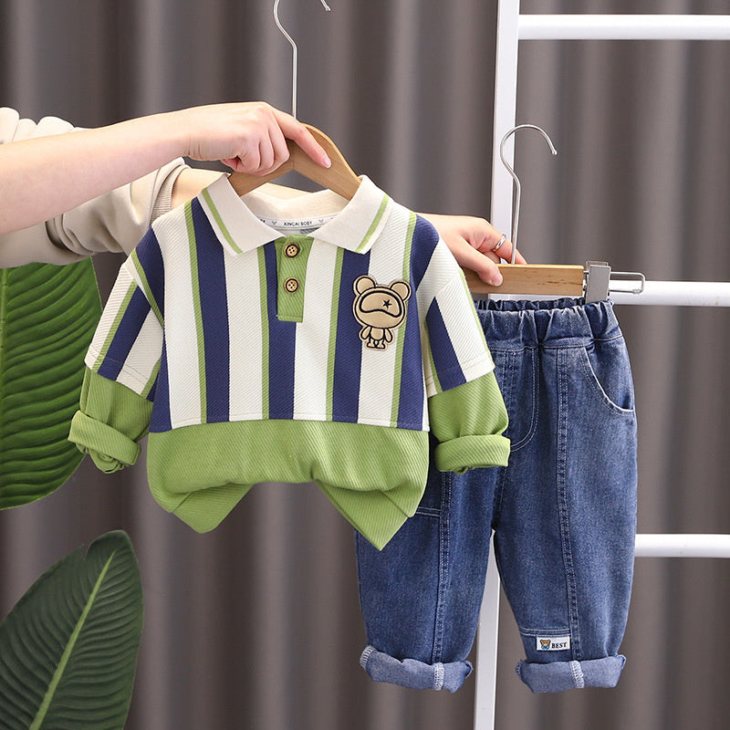 Boys' Spring Outfit 2025 New Stylish Toddler Boys and Girls Baby Striped Long Pants Two-Piece Set Wholesale