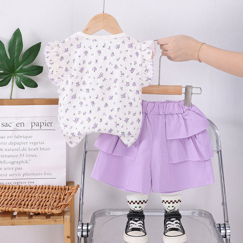 Cross-border children's clothing new style for girls, baby summer outfit with full floral print, bow tie, large collar, short-sleeved two-piece set, trendy