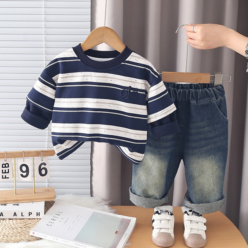 Boys' and autumn stylish outfit, Korean-style round-neck striped clothes, fashionable infant clothing for one-year-old baby spring wear