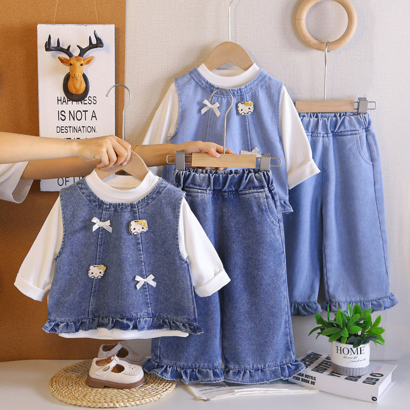 Girls' Autumn Outfit 2026 Spring-Autumn New Style Children's Long-Sleeve Bowknot Kitten Three-Piece Set for Stylish Babies
