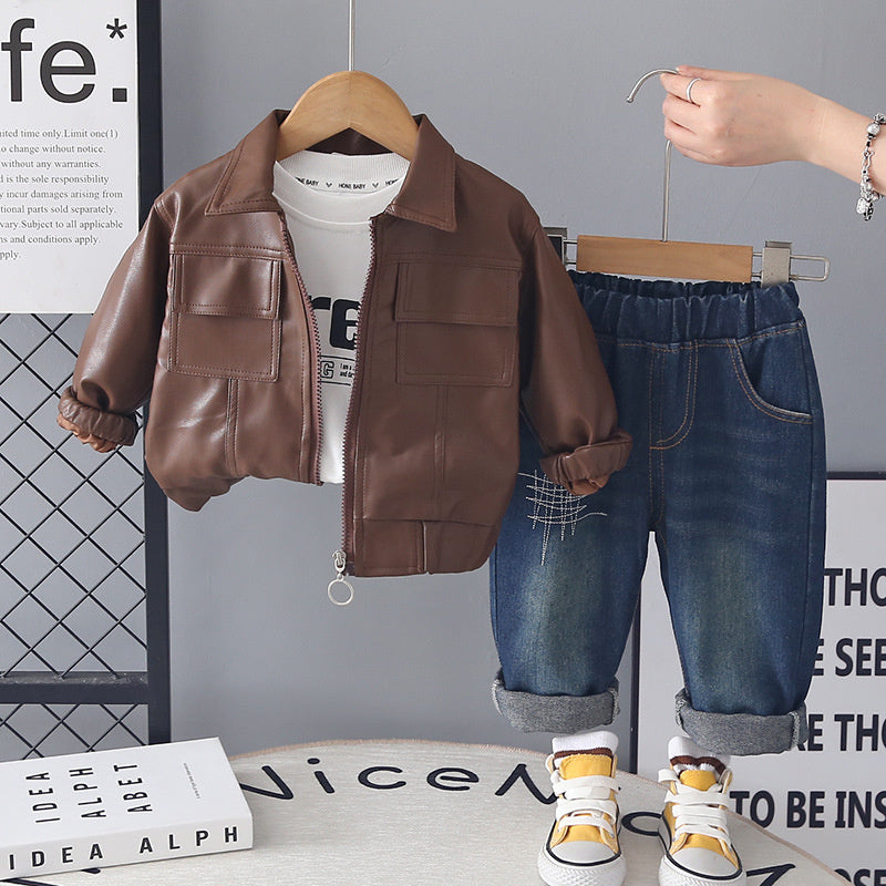 Baby Boy Outfit 2026 New Style Boys' Square-Pocket Leather Jacket Three-Piece Set Stylish Spring and Autumn Clothes for Little Boys