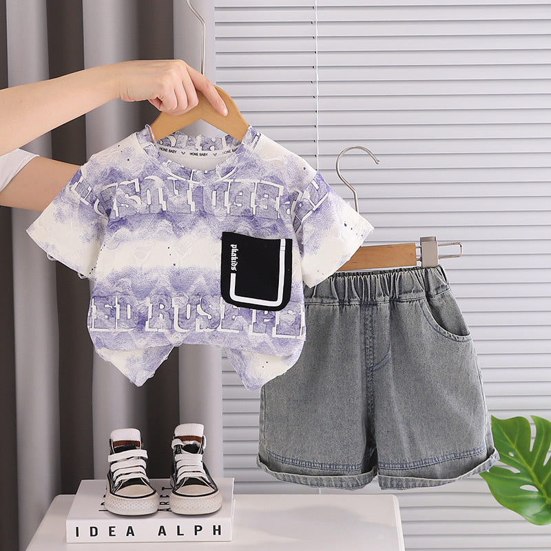 Stylish outfit baby boys: ripped letter print short-sleeve set, two-piece clothing infants and children, trendy summer wear for boys