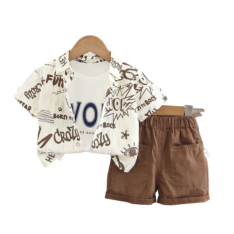 Boys' Summer Outfit 2026 New Fashionable Children's Clothing Thin Full-Print Letter Shirt Short-Sleeve Three-Piece Set Trendy
