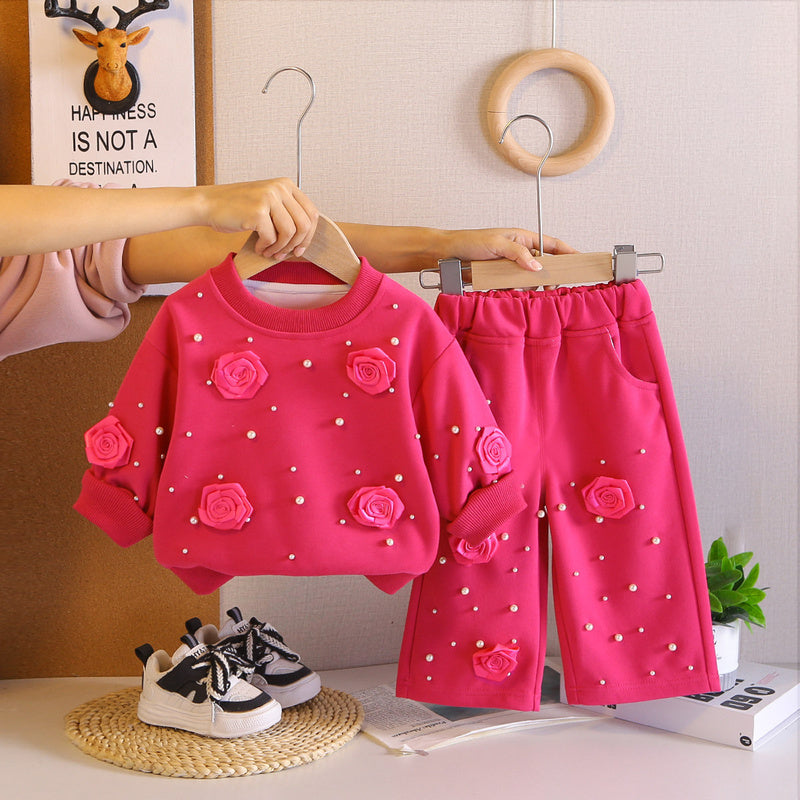 Girls' spring outfit set, stylish and fashionable, for 0-3 year old baby girls, beaded rose flower clothing, trendy children's clothes