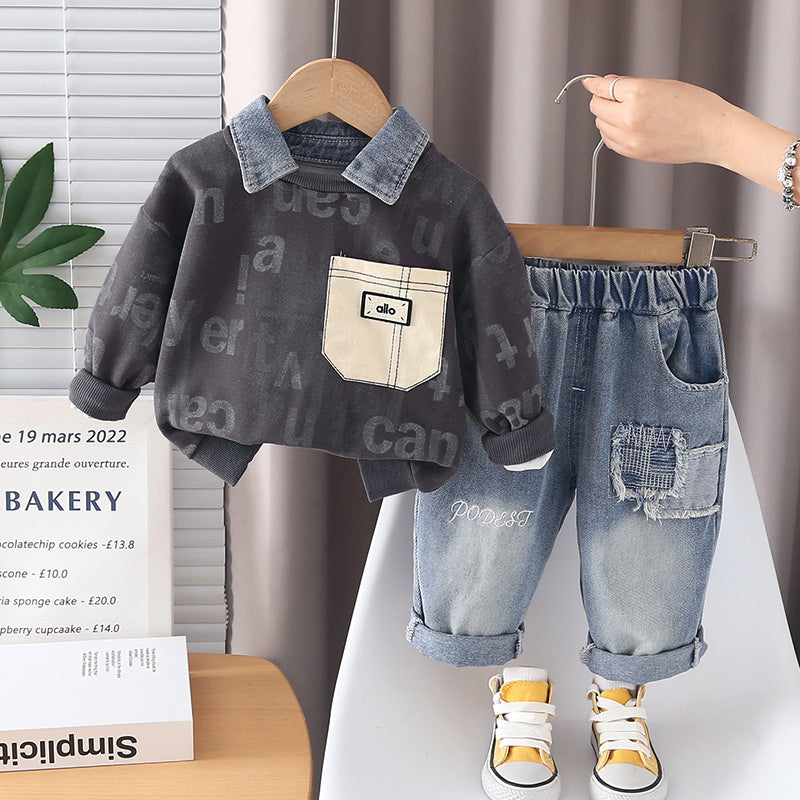 1-year-old boy's stylish spring sports outfit, trendy 3-piece baby spring/autumn full-print letter sweatshirt two-piece set for infants