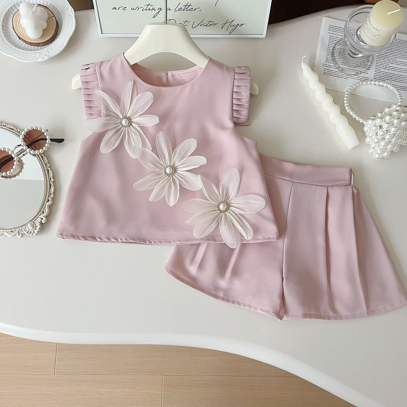 Girls' Outfit 2024 Summer New Korean Style Floral Vest Shirt + Shorts Children's Princess Two-Piece Set