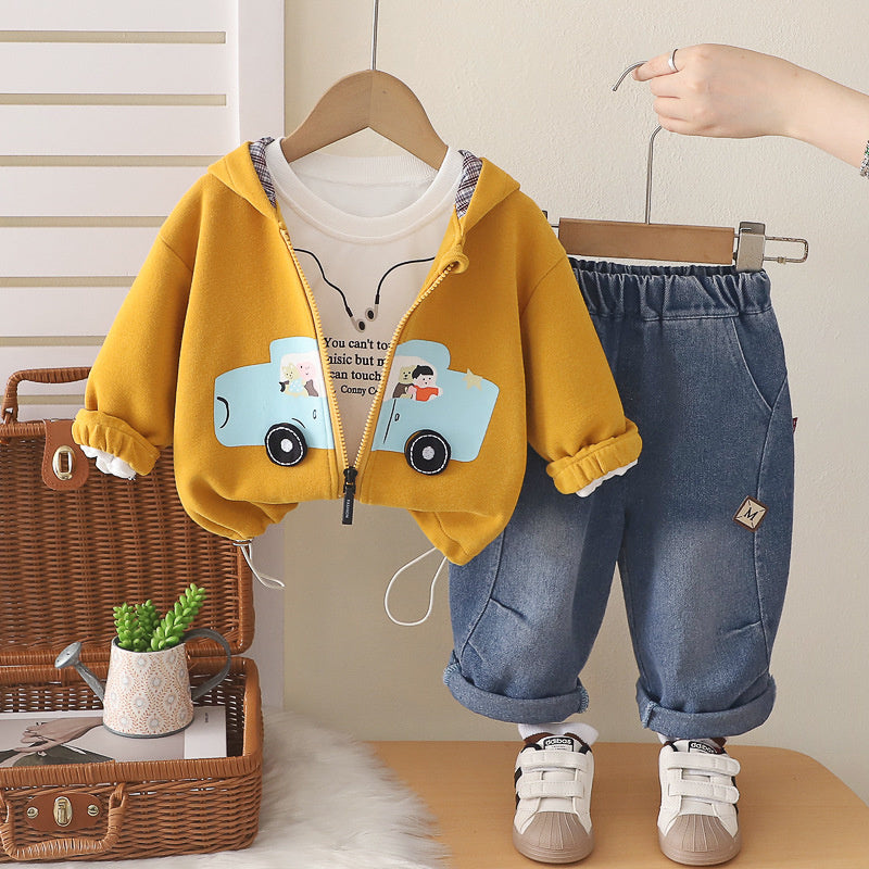 Boys' Outfit 2026 New Style Infant Children's Spring and Autumn Fashionable Baby Car Zipper Jacket Three-Piece Set