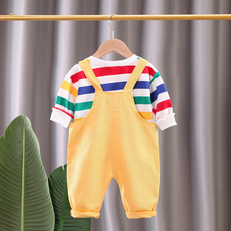 Spring New Boys' Fashion Street Style Full Print Bear Head Strap Two-Piece Set Trendy Long Sleeve Outfit Direct Sale