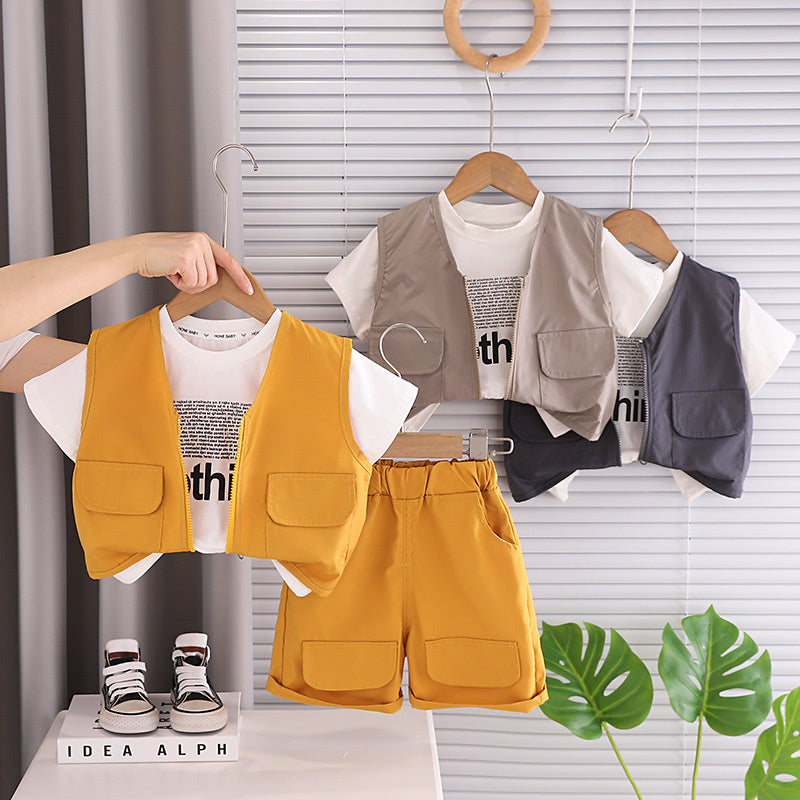 Boys' Summer Outfit 2026 New Fashionable and Stylish One-Year-Old Solid Color Vest Short Sleeve Three-Piece Set for Toddlers
