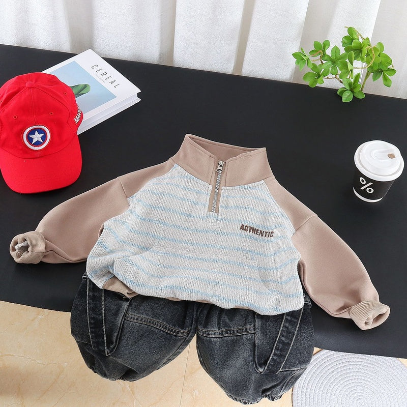 Boys' Outfit 2026 New Fashionable Children's Stand-up Collar Striped Two-piece Set Baby Spring and Autumn Casual Trend