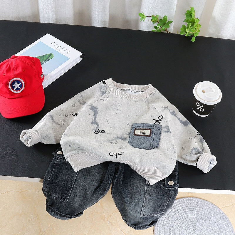 Boys' and Autumn Outfit 2026 New Fashionable Tie-Dye Pocket Two-Piece Set Children, Spring Casual Wear for Babies