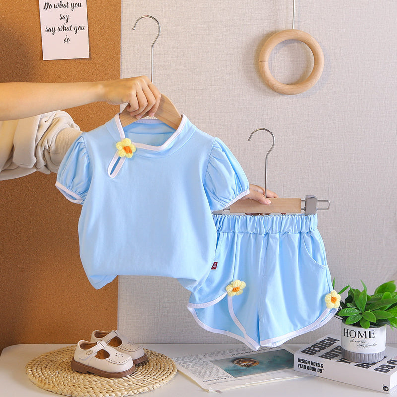 Girls' Summer Chinese Style Floral Short Sleeve 2026 New Fashionable Children's Casual Shorts Two-Piece Set