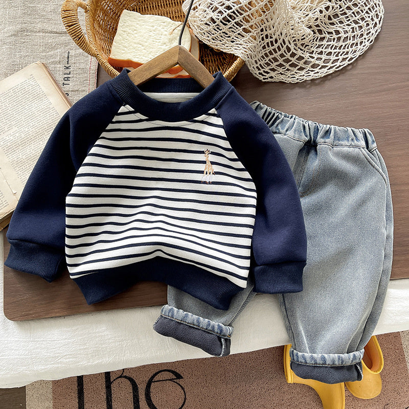 Boys' Fleece Lined Deer Sweatshirt Set 2025 New Trendy Children's Clothing Baby Autumn Winter Outfit